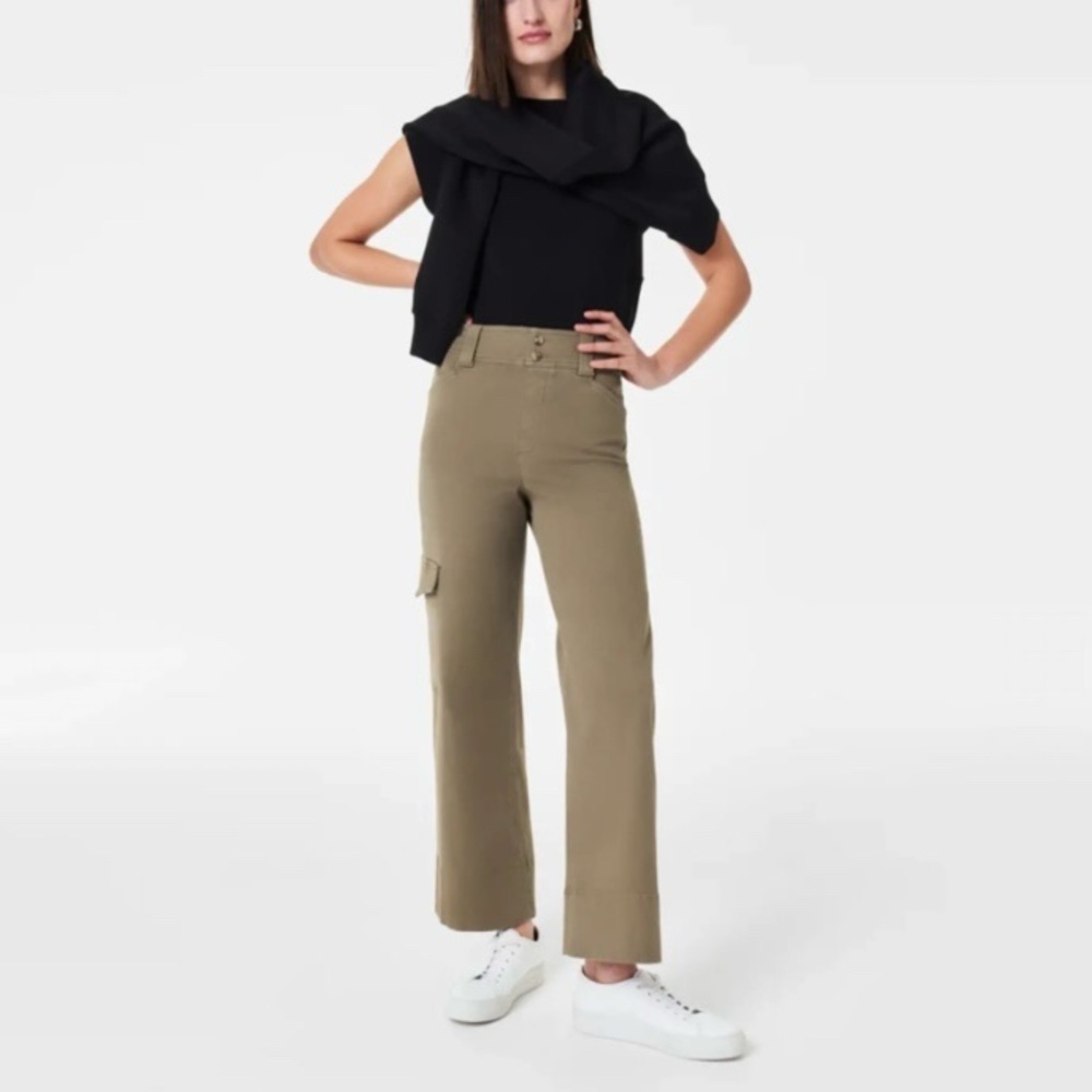 SPANX Stretch Twill Cropped Cargo Trouser In Spanish Olive size Medium - Picture 4 of 13